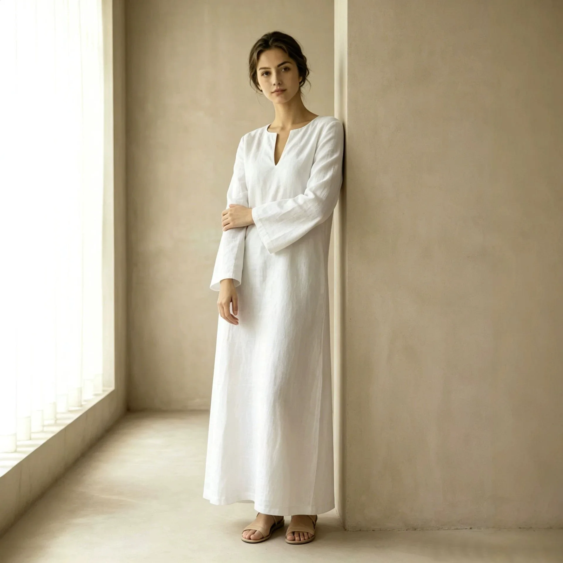 Woman's Casual Dresses Solid Color Loose Long Slevees Split Notch Neck Vestidos Trendy Fashionable All-match Ankle Length Skirt