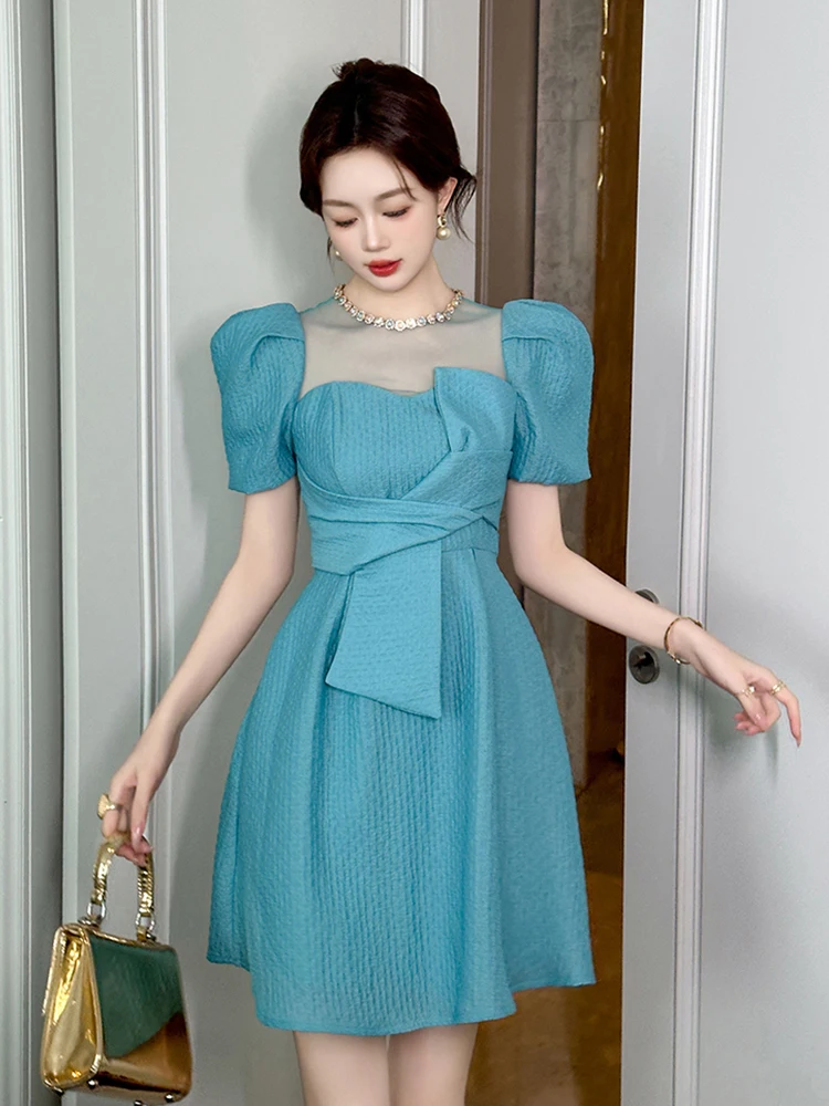Vestidos de Festa Femininos Estilo Francês, Elegantes e Sensuais, com Detalhes em Tule Transparente e Manga Bufante com Aplicações de Diamantes, Vestido de Baile para Noite