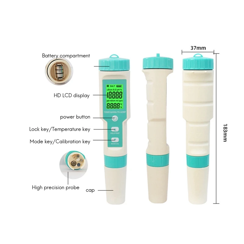 Seven-In-One Water Pen PH Meter/TDS/EC/Salinity/SG/ORP/TEMP Multi-Function Ph Pen Water Quality Test Pen