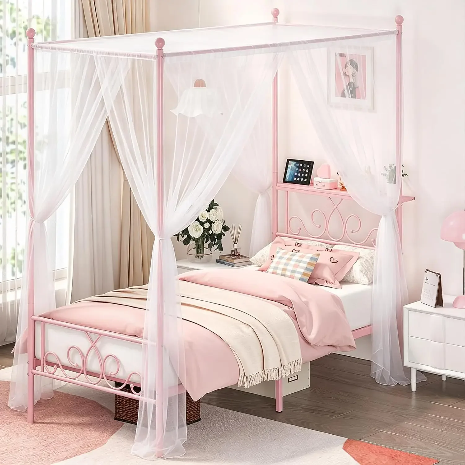 USA Stock Twin Metal Canopy Bed Frame With Storage Headboard, 4 Poster Bed, Pink | 4 Removable Posters, Princess Bed For Girls,