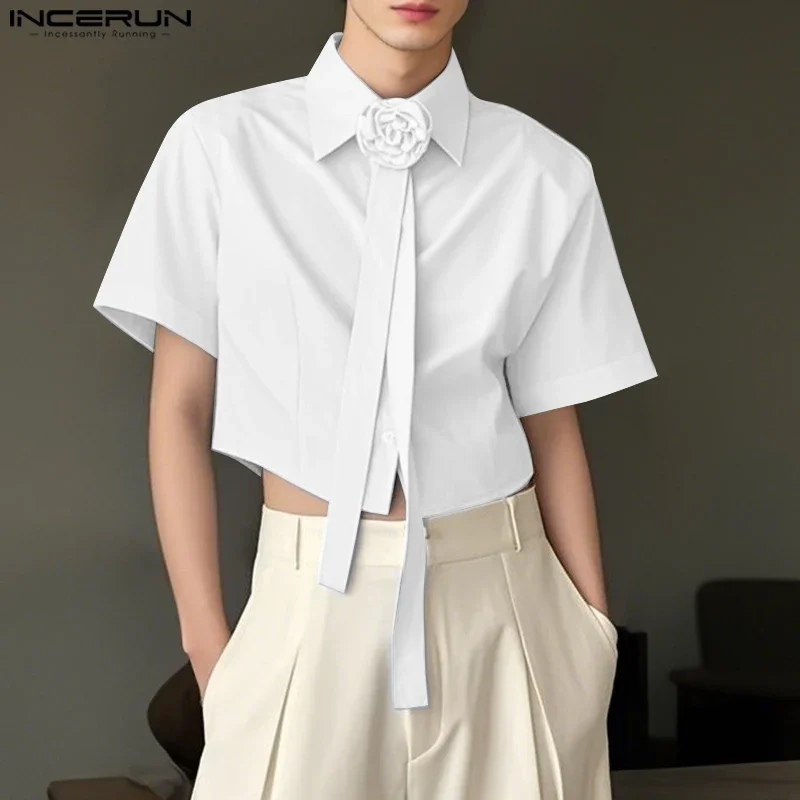 Men Shirt Solid Color Lapel Short Sleeve Flower Tie Up Male Crop Tops Streetwear Summer INCERUN Loose Fashion Unisex Shirts 2026