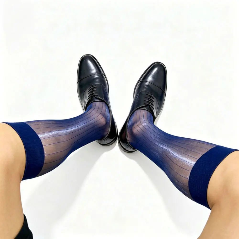 Mens Nylon Business Dress Socks For Muben Gentleman High Tube Thin Hosiery Striped Pattern Aurora Reflective Office Wear view 5
