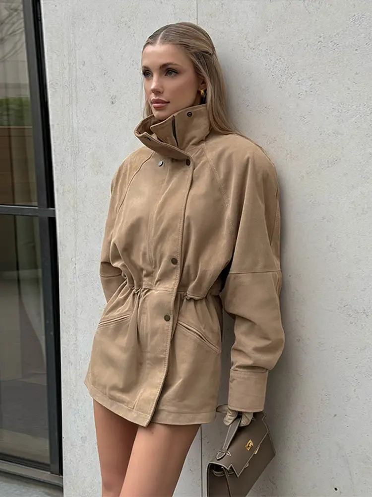 

Spring Women Suede Long Jacket Stand Collar Cinched Waist Single Breasted Pockets Female Coat Fashion Office Streetwear 2026