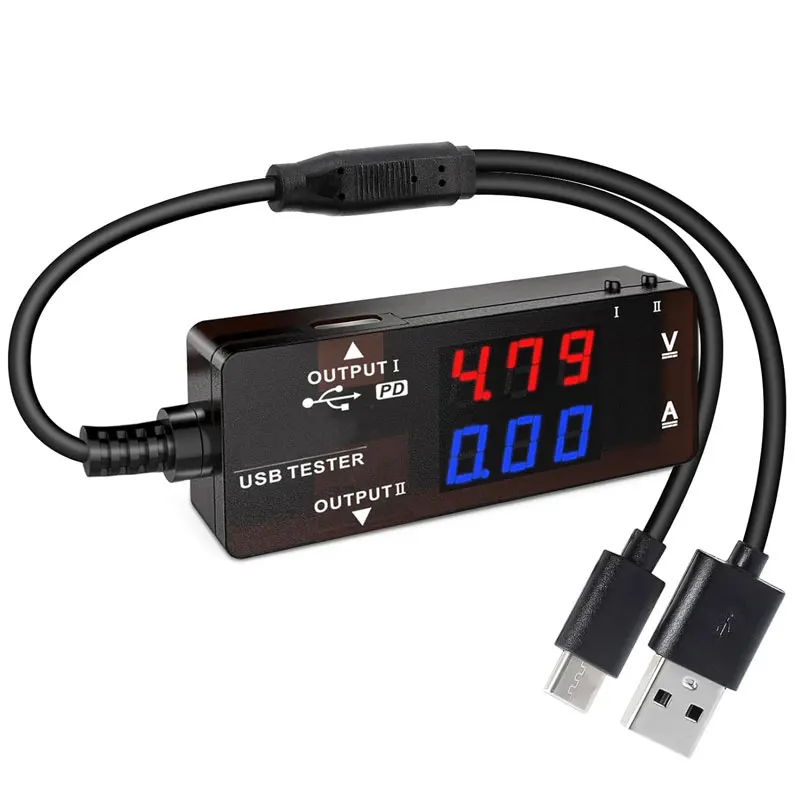 

USB Tester Current Voltage Multimeter USB-A Type-C Dual Ports with PD QC 2.0 3.0 and Color LED Display Battery Charger Monitor