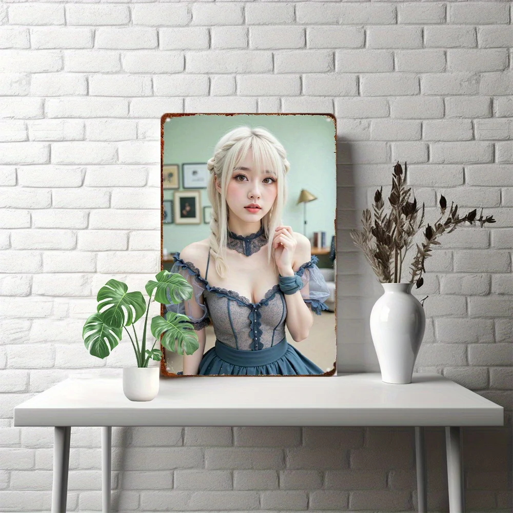 Anime Metal Sign 8x12 Inch Retro Blue Dress Blonde Girl Wall Art Decor for Home Garage Cafe Anime Fan Gift