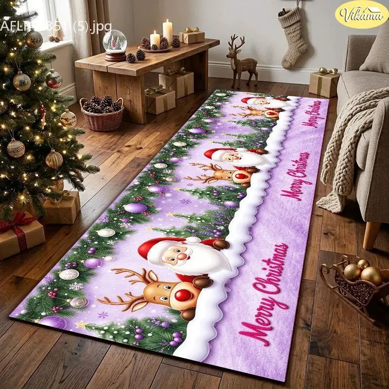 VIKAMA Pink Poinsettia Holly Berry Runner Rug Kitchen Living Room Hallway Floor Mat Non Slip Soft Long Rug Xmas Home Decor