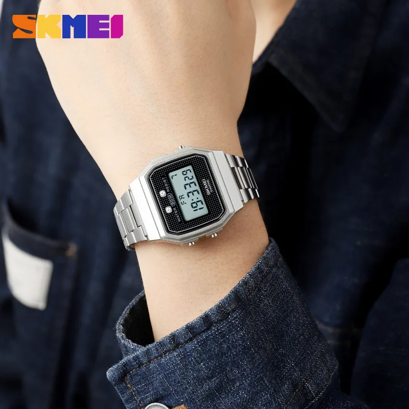 Skmei reloj electrónico LED de moda para hombres, reloj dorado pequeño, estilo para niños