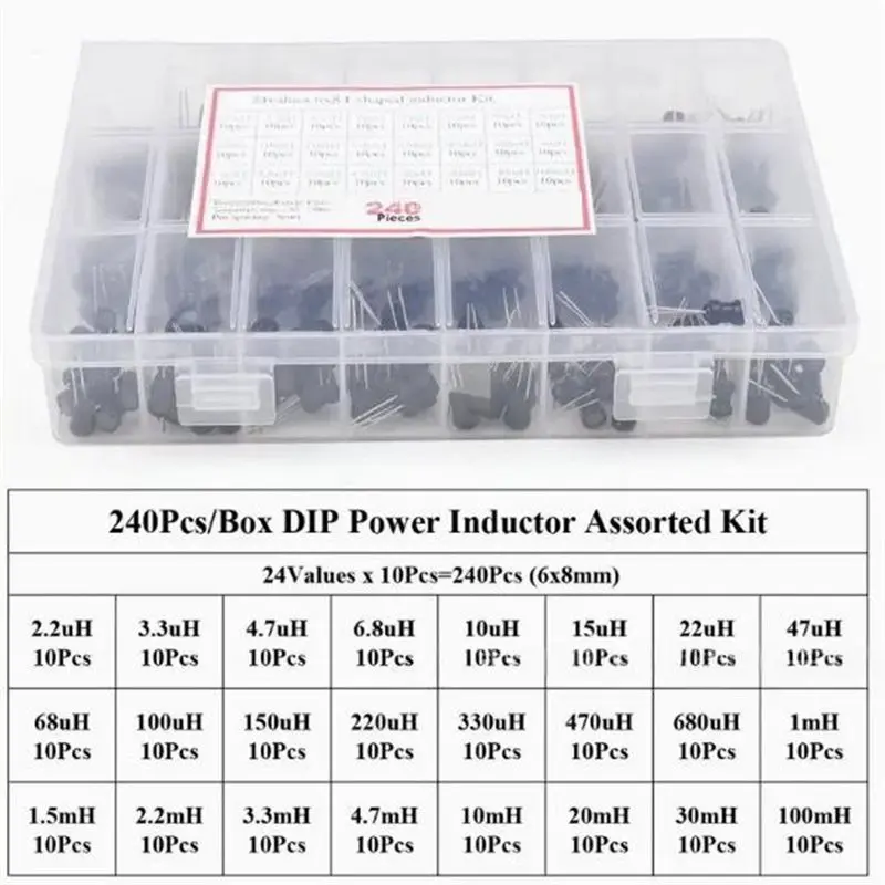 ABVG-Electronic Inductor Kit,240PCS, Copper Coil DIP Radial Choke 24 Values 2.2Uh-100Mh, Individual Storage Set Compartment