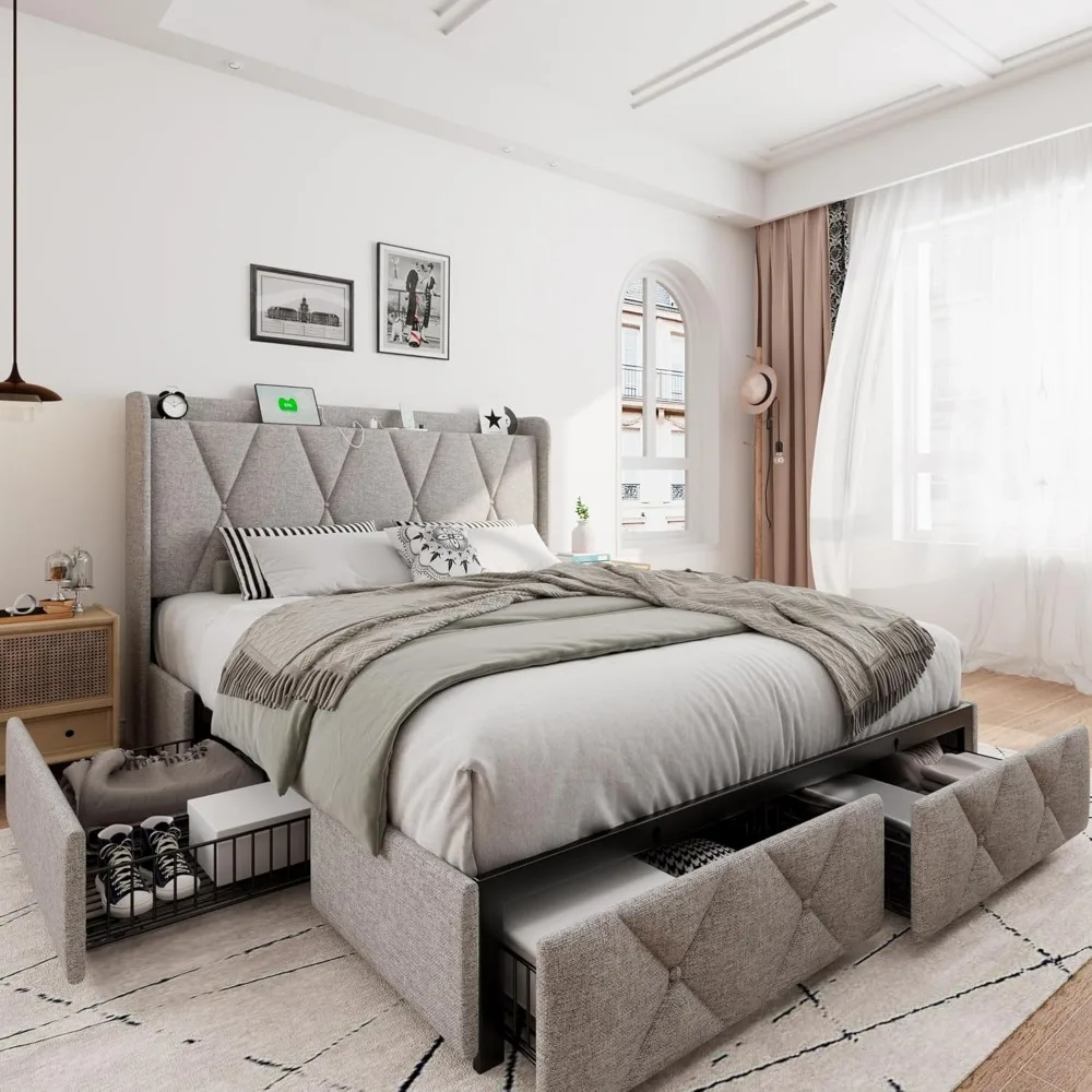 

l Size Bed Frame with 4 Storage Drawers, Upholstered Platform Bed Frame with Charging Station, Modern Wingback Storag