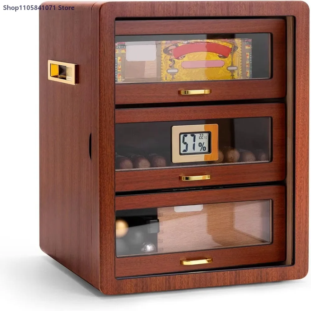Cigar Humidor Cedar Wood 3 Drawer with Digital Hygrometer Humidifier Hidden Handle Moisture Box Holds 100-130 Cigars