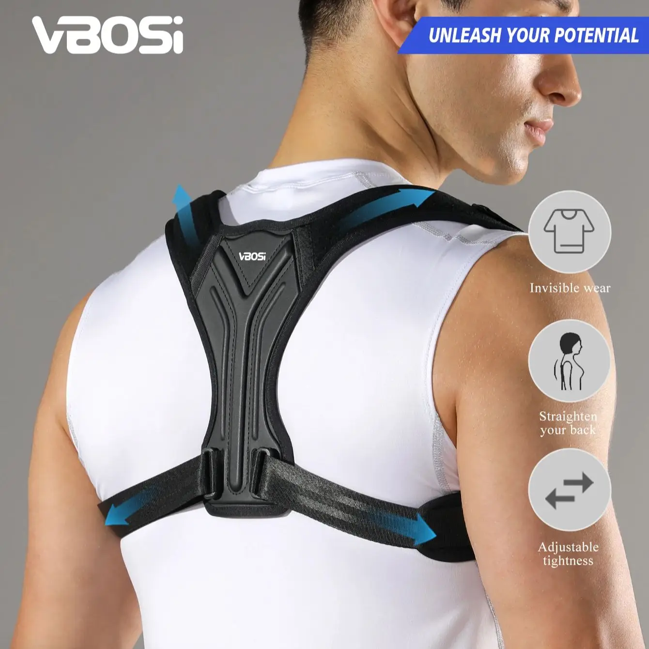 VBOSi Verstellbare Unterstützung für den oberen Rücken, sportlicher Schultergurt, Haltungskorrektur für Damen und Herren