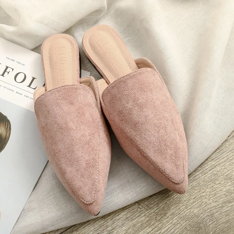 Fashion Baotou Flat Pointed Half Slippers Women\'s Suede Black Mules Large Sizes 42 Female Breathable Shoes босоножки женские