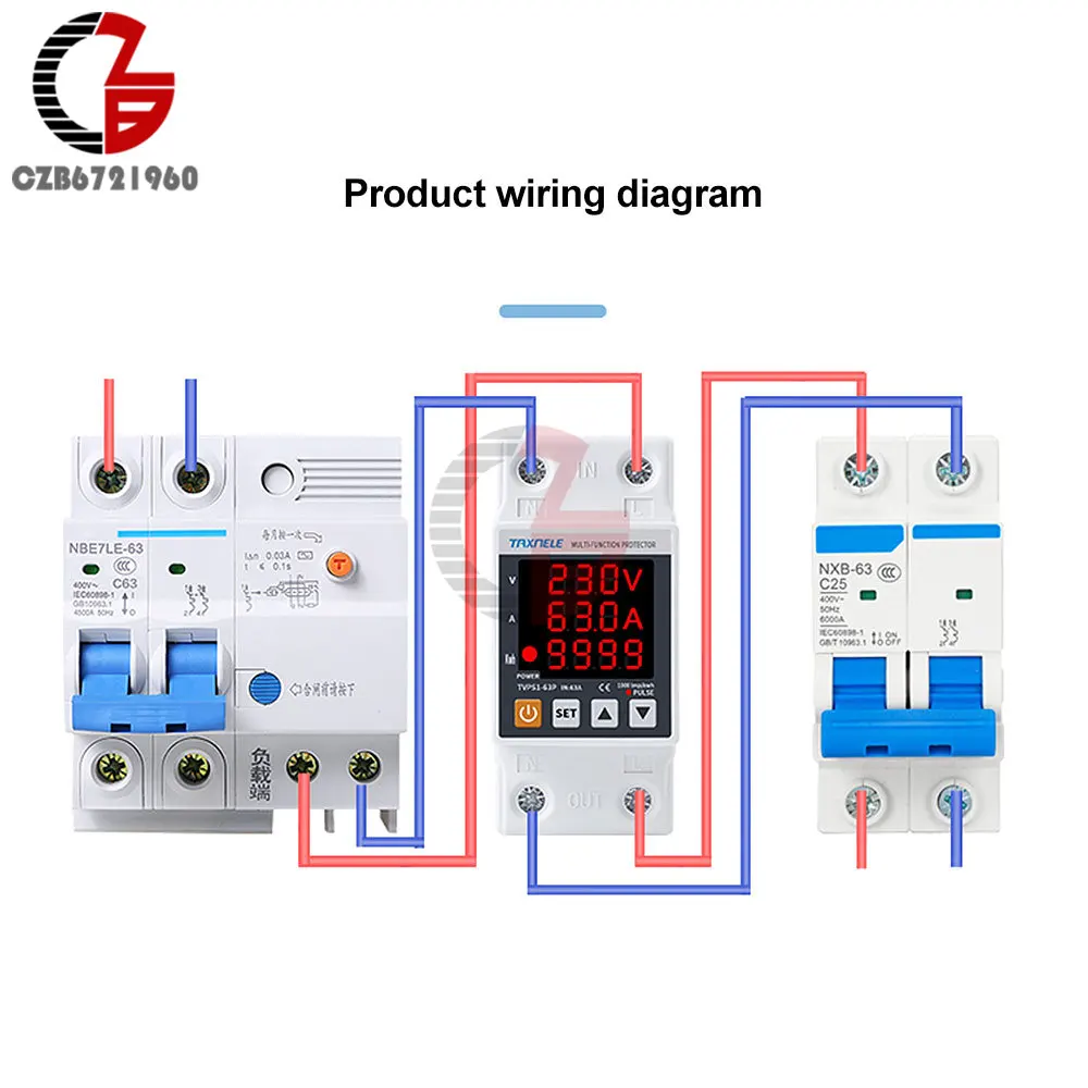 63A 230V 3 in 1 Display Din Rail Adjustable Over Under Voltage Surge Protector Relay Over Current Protect  Kwh Power Watt Meter