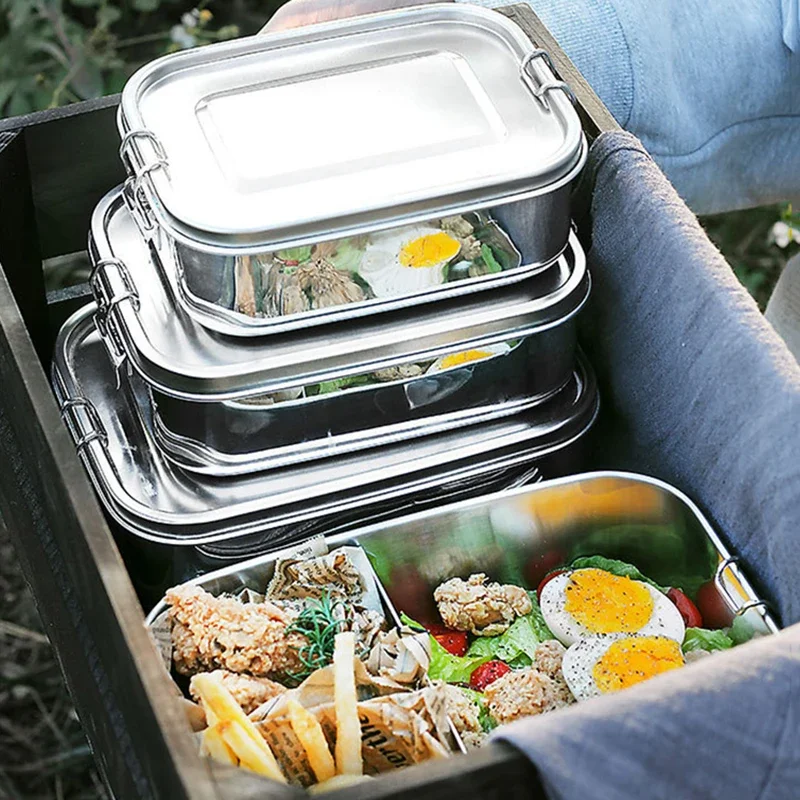 304 Stainless Steel Lunch Box Double Button Sealed Bento Box Student Portable Lunch Box Outdoor Storage Snack Picnic Containers