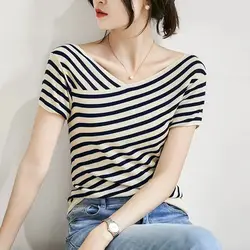 TuangBiang Female Summer Backless 2023 French Cotton Pullovers Slash Neck Striped Knit Short Sleeves T-Shirts Women Loose Tops