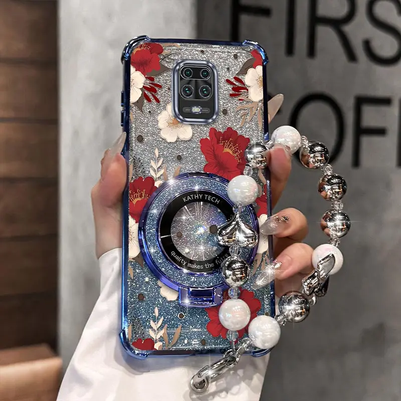 

Note 9S Red peony Plating Bracelet Holder Phone Case For Xiaomi Redmi Note 10X 11 10Pro 10T 10 9S 9T 11EPro 9 9Pro 11Pro Cover