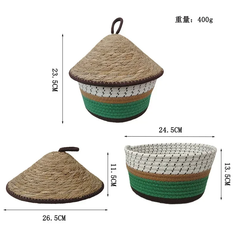HYS cotton rope woven storage basket with lid desktop finishing basket entrance sundries storage basket straw woven