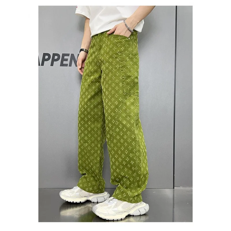 Street American vintage jacquard straight jeans men's wide-leg jeans Y2K fashion streetwear loose pants green pantalones hombre