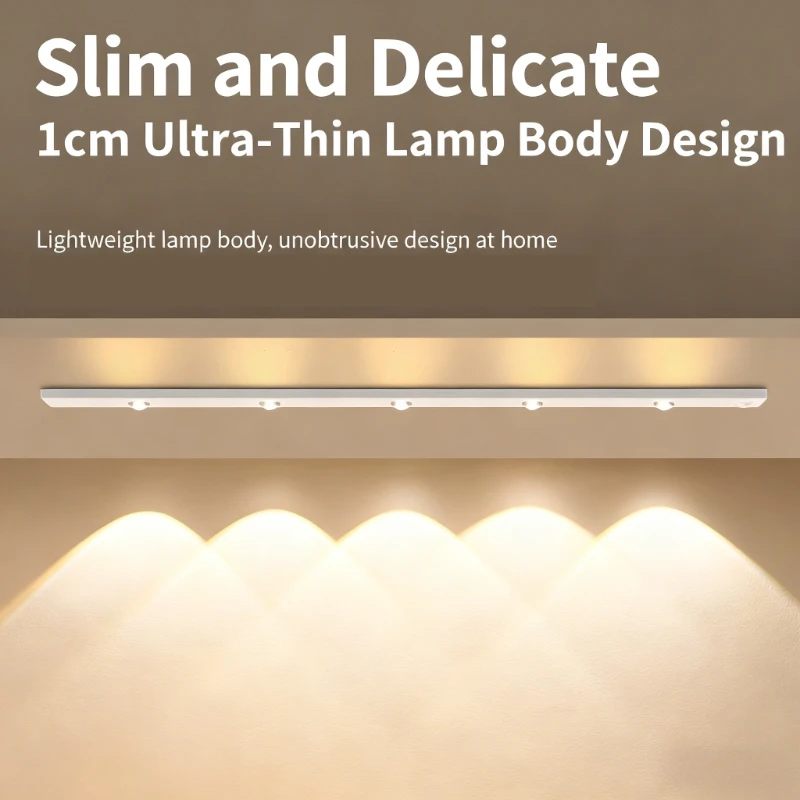 Smart LED Motion Sensor Light Strip - Thin Cat-Eye Hill Design, Rechargeable Self-Adhesive for Wardrobe/Wine Cabinet/Cabinet