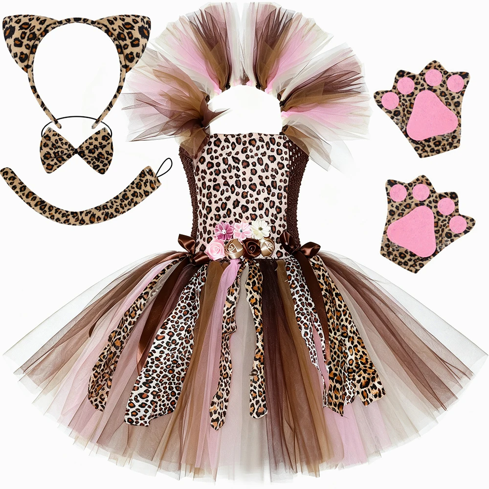 Cheetah Girls Costume Flowers Leopard Tulle Tutu Dress Kids Halloween Carnival Holiday Jungle Party Wild Animal Dress Up Outfits