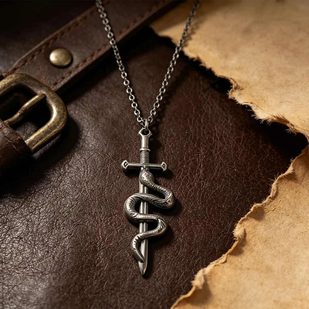 Snake-Wrapped Cross Sword Vintage Distressed Necklace, Dark Gothic Snake Sword Pendant, Punk Style Unisex Clavicle Chain