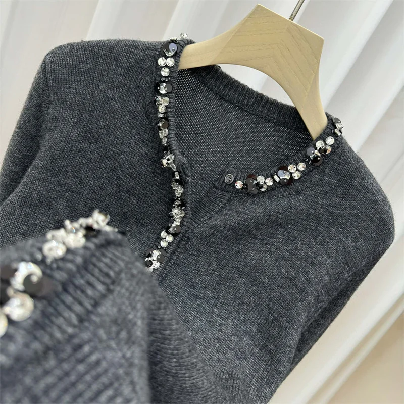 سترة للنساء شتاء جديد 2025 صدر واحد بقصة ضيقة وأكمام طويلة سترة نسائية مزيج الصوف y2k ترتر حبة تريكو