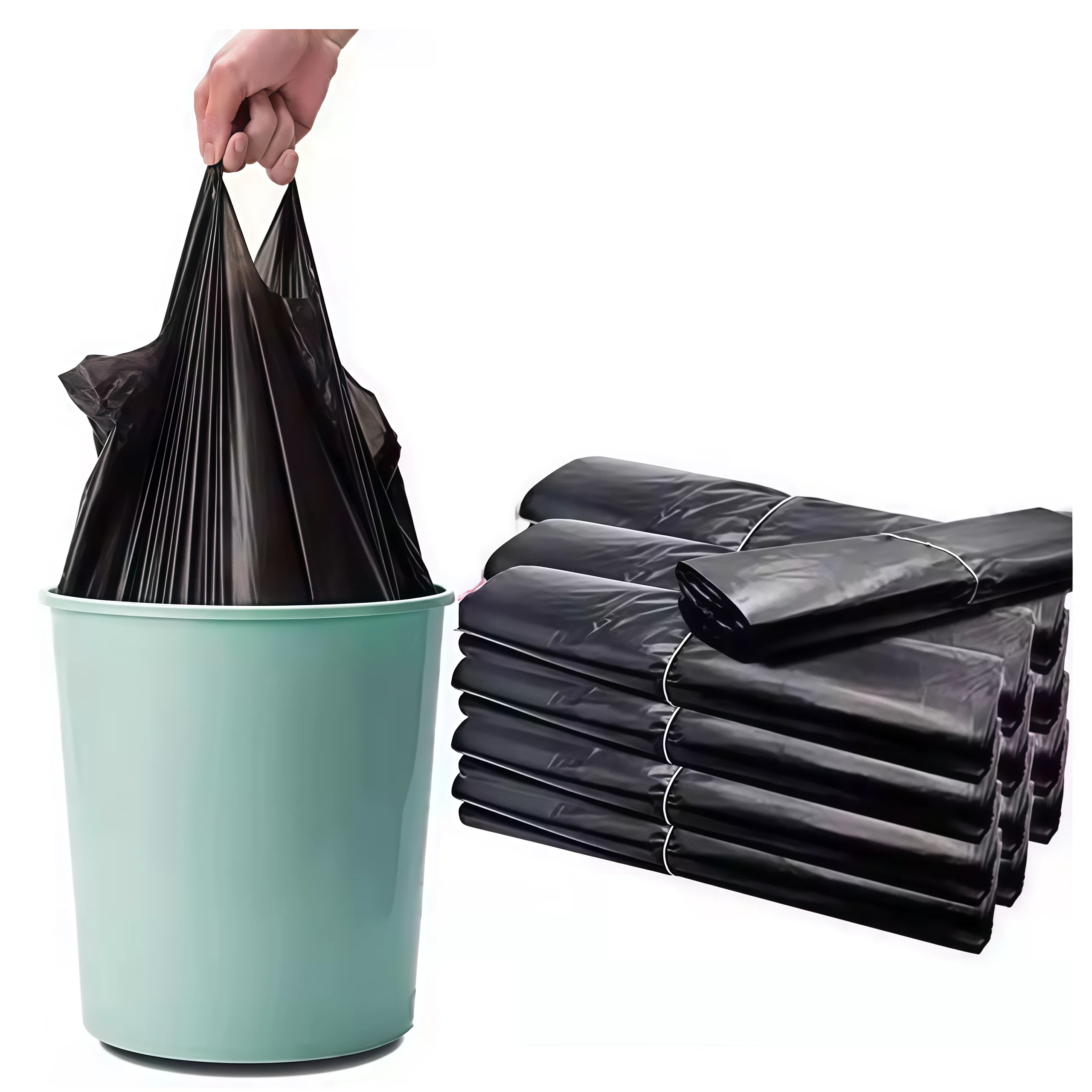 50/100 Stück schwarze Plastiktüten für die Küche, das Wohnzimmer, zur Reinigung, zur Müllentsorgung, zur Aufbewahrung von Müll und für die Verpackung von Take-away-Produkten, mit Tragegriff. – Detail 1