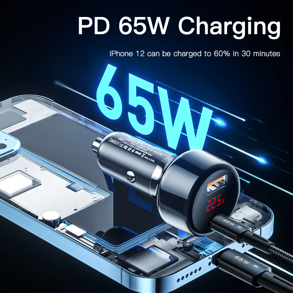 Essager 65ワットusb車の充電器タイプc高速充電QC3.0 4.0 PD3.0 iphone 14 13 xiaomi huawei社サムスン携帯携帯電話アダプタ