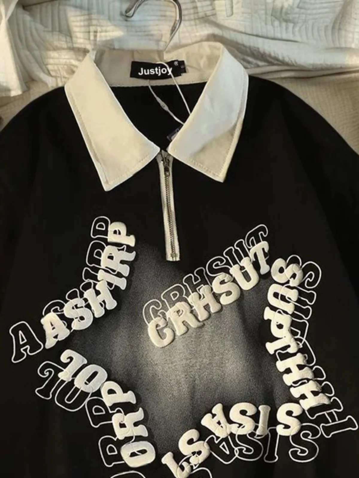 Loose Unisex American Letter Star Short Sleeve  Shirt Zipper Design Summer Casual T-Shirt for Couples in plus Size