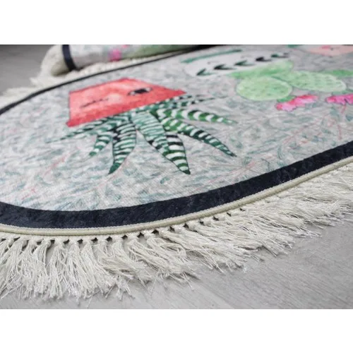 Dowry Wonderland Oval Fringed 2'li Bath Mat Pad Smile Flowers Gray