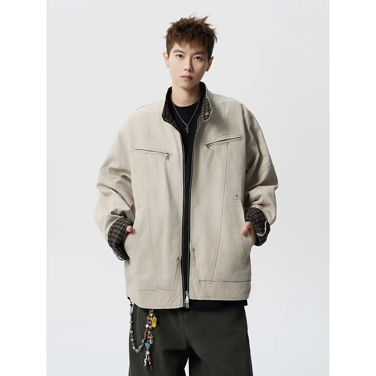 

Сверхмощная стираная куртка с воротником-стойкой для мужчин и женщин, осенняя американская ретро-трендовая брендовая короткая рабочая куртка на молнии для пар