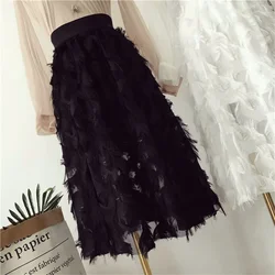 Gowyimme 2026 New Spring Summer Elegant Women High Waist Feather Skirt All-match Girl Midi-long A-line Solid Skirts Fairy LX005