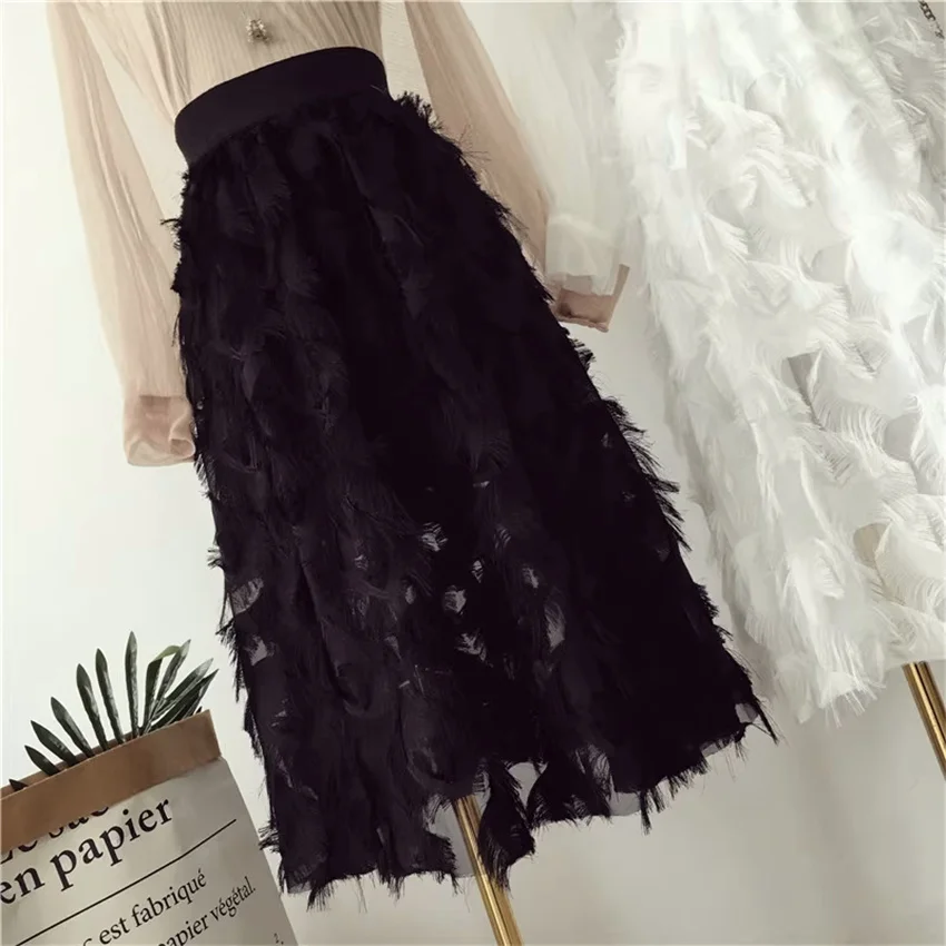 Gowyimme 2025 New Spring Summer Elegant Women High Waist Feather Skirt All-match Girl Midi-long A-line Solid  Skirts Fairy LX005