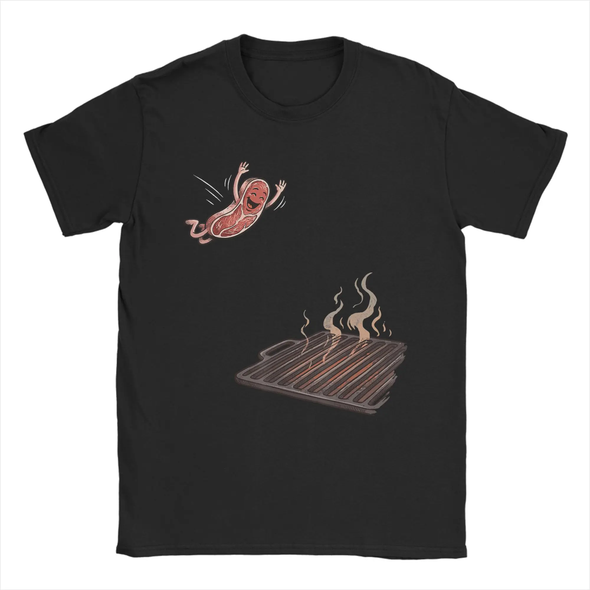 BBQ Steak Meme Cute Meat Jumping Into Grill Men's T Shirt  Fun Tee Shirt Short Sleeve Round Neck T-Shirts Cotton 4XL 5XL Tops