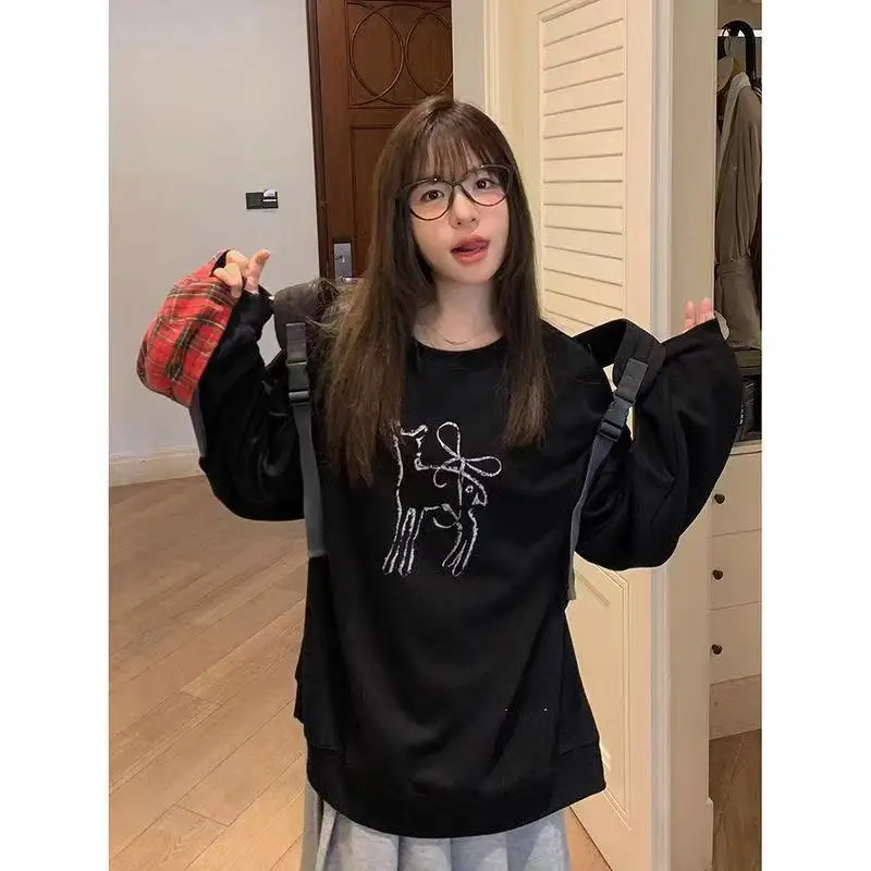 

Onalippa Korean Version Autumn Pure Cotton Bow Deer Print Long Sleeved T-shirt Women Lazy Style Loose Versatile Base Shirt Top