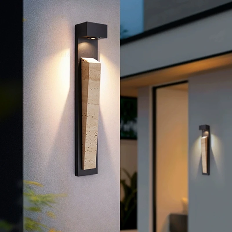 Outdoor Waterproof Motion-Sensor Wall Lamp Stainless Steel Frame Yellow Travertine Glass Lampshade for Entrance Gates Garden