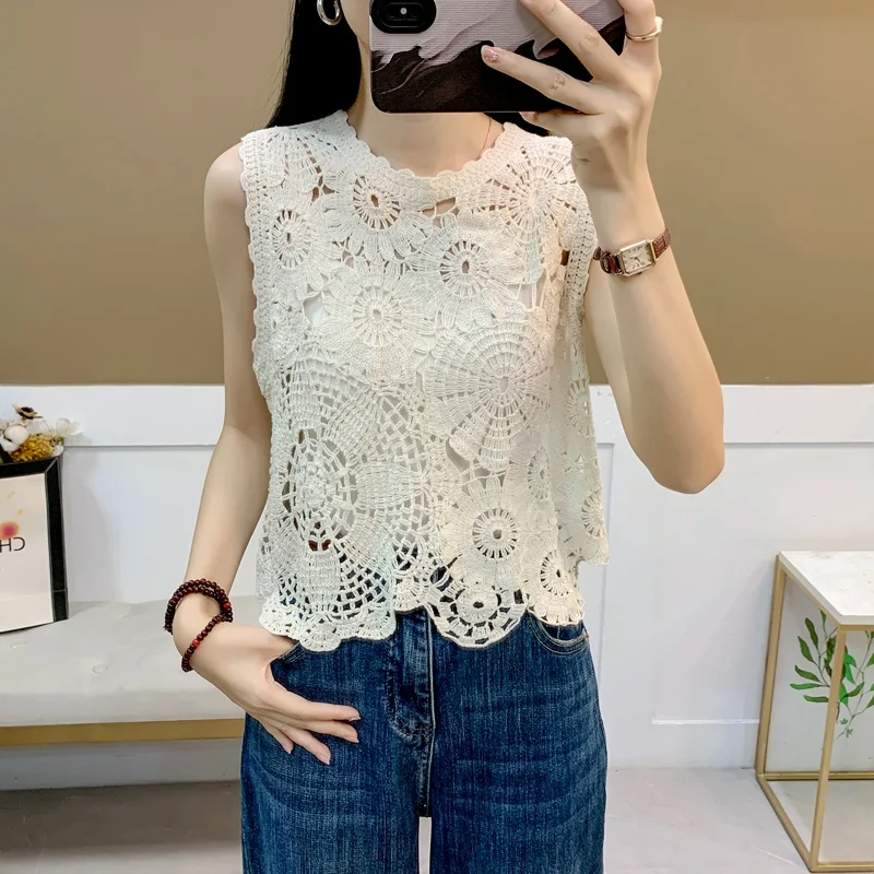 Ele évider ort Sve tricot couvrir femme une pièce été Faion haut coton coupe ample couleur gilet