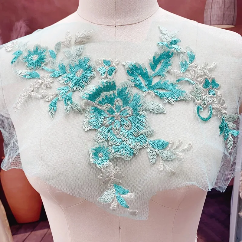 10 Color Sequins Lace Embroidery Flower Headband Evening Dress Accessories 18x35cm