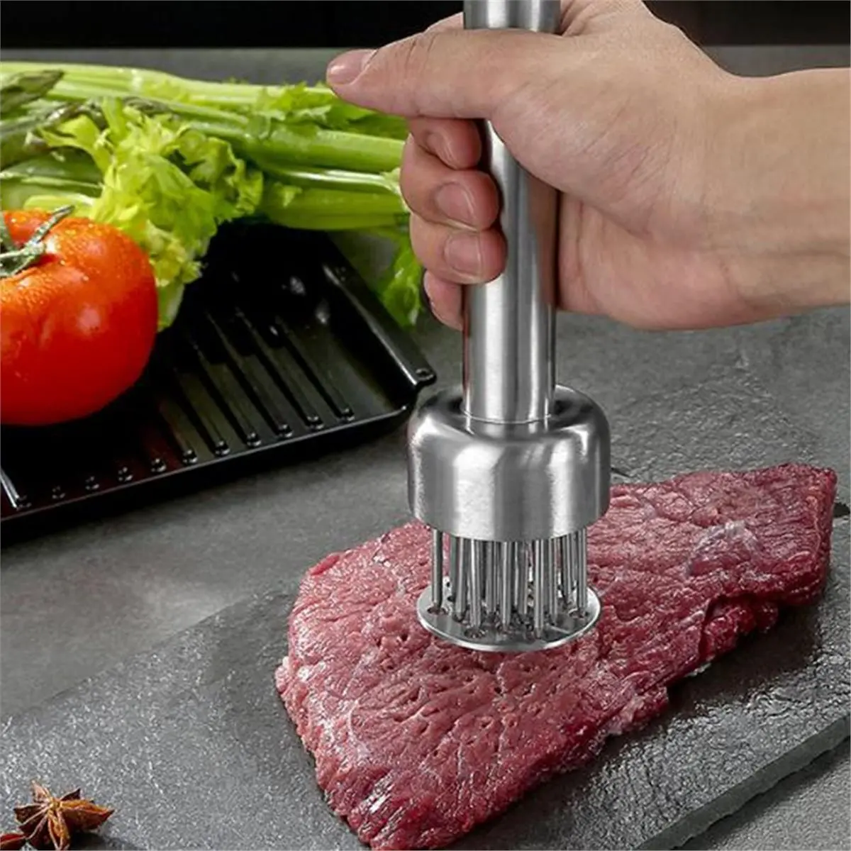 Meat Tenderizer Tool, Stainless Steel Needle Tenderizer Retractable Safety Guard, No Gaps for Food Buildup