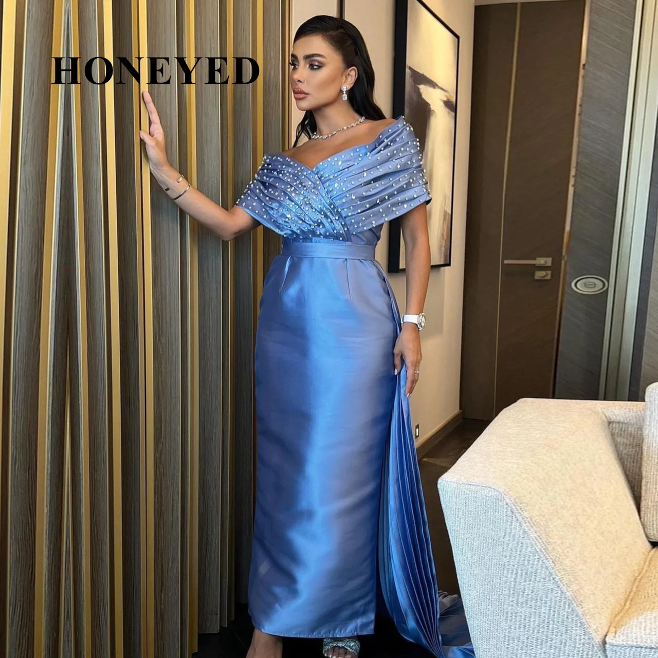 HONEYEDOff Shoulder Beads Prom Dresses 2023 New Arabia Design Removable Tail Elegant Formal Occasion Dresses Women Evening Dress