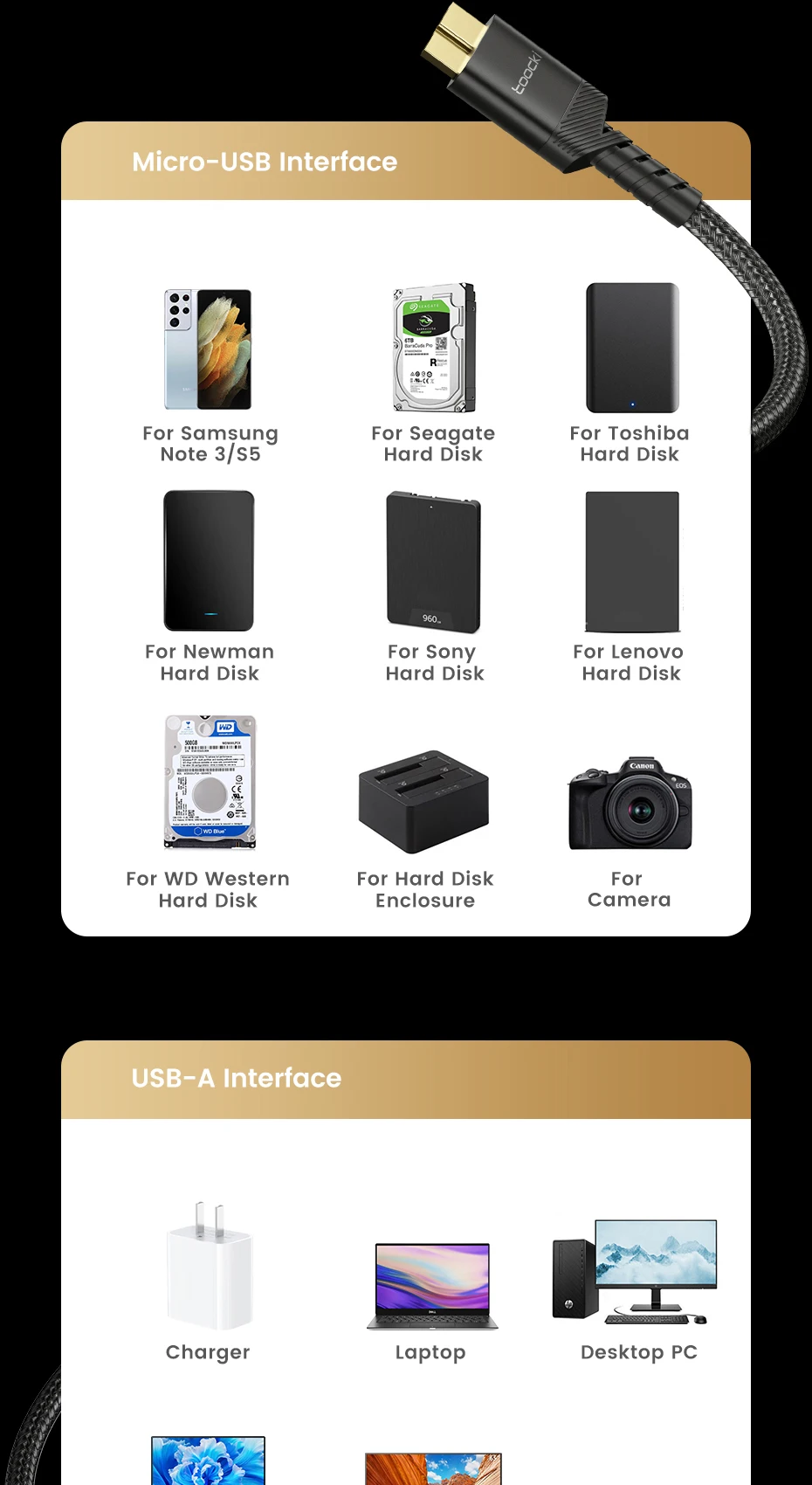 Toocki USB A zu Micro B 3.0 Kabel 4TB Festplatte für Seagate Toshiba WD Externe SSD Sony Kamera Lenovo Kartenleser – Detail 6
