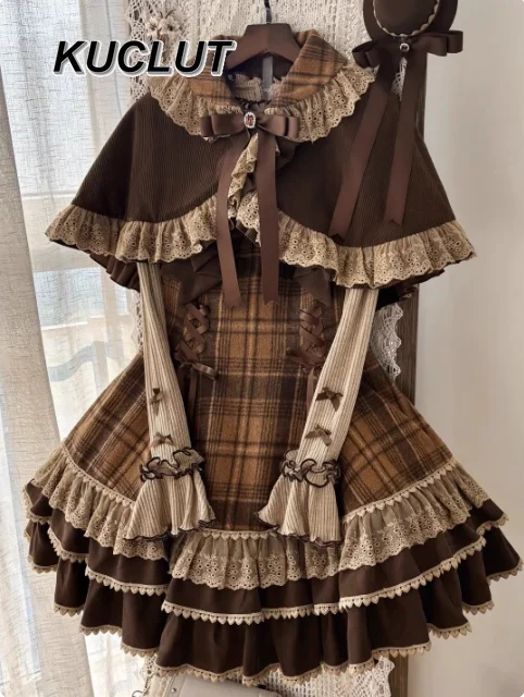 Dames 2-delige sets herfst winter lief meisje lolita stijl basisshirt vintage geruite band jurk cape jas set voor meisje