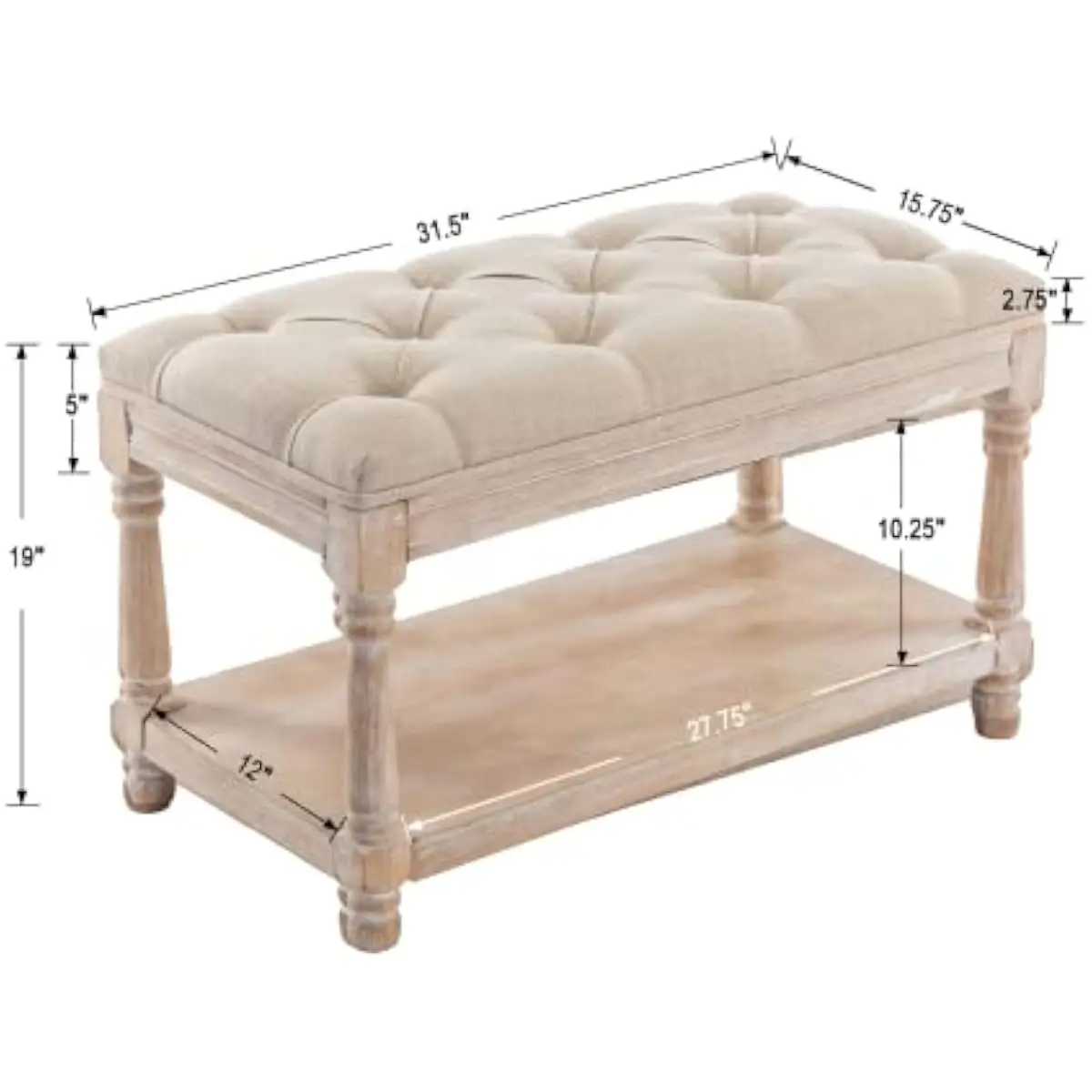 Rustic Linen Upholstered Storage Bench with Button-Tufted Design Solid Rubberwood Frame Farmhouse Style Seating for Entryway Bed
