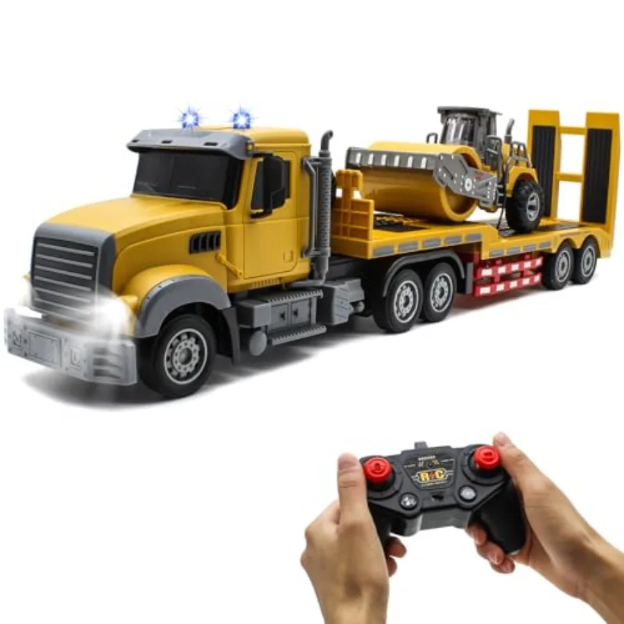 

RC Semi Truck with Trailer for Construction Play, ABS Plastic, Red and Yellow, Realistic Sound and Lights, 2.4GHz Remote Contro