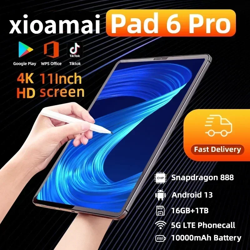 

2024 Original Pad 6 Pro Global Version HD 4K Android 13 Snapdragon 888 11inch 16GB+1024GB 10000mAh Tablet PC 5G Dual SIM WIFI