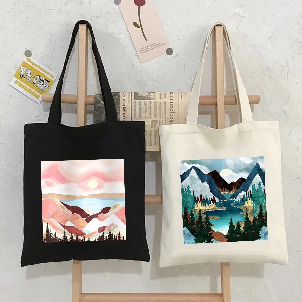 Natural Landscape Autumn Lake River Summer Sunset Sunrise Moon Glow Stars Valley Forest Casual Canvas Shoulder Totes Bag Handbag