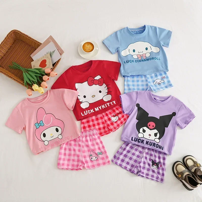 

Sanrio hello kitty summer new girls casual short sleeve kuromi cartoon suit baby children cute T-shirt plaid shorts