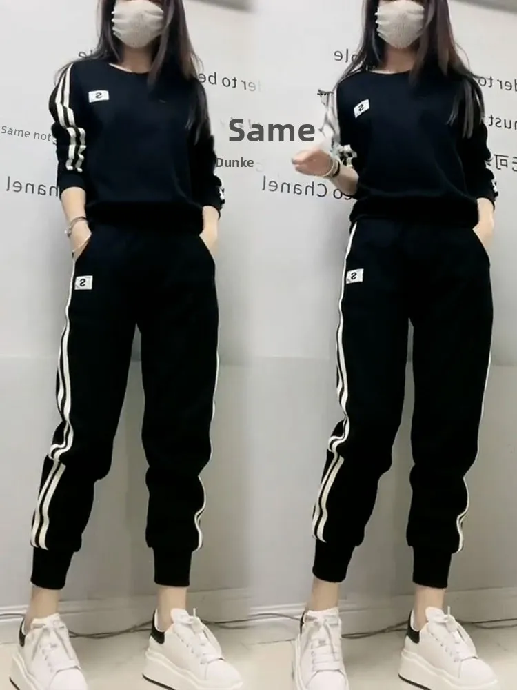 

Модный комплект спортивной одежды для женщин, осень 2021, корейский свитшот и брюки, комплект из двух предметов Ele Long Sve, круглый...