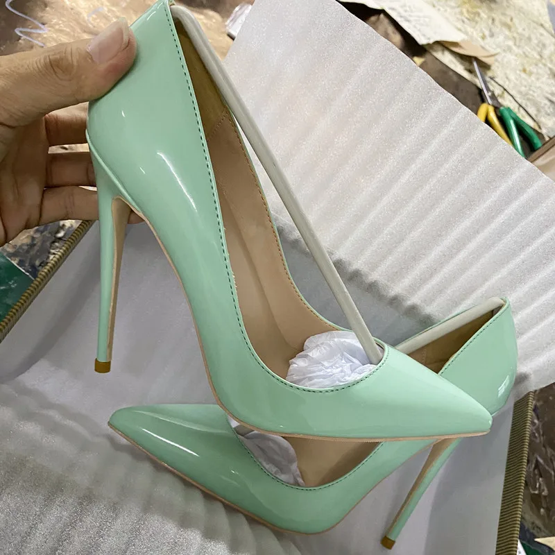 Heelgoo Women Solid Mint Green Patent Pointy Toe High Heel Shoes OL Elegant Comfortable Slip On Stiletto Pumps Plus Size 45 46