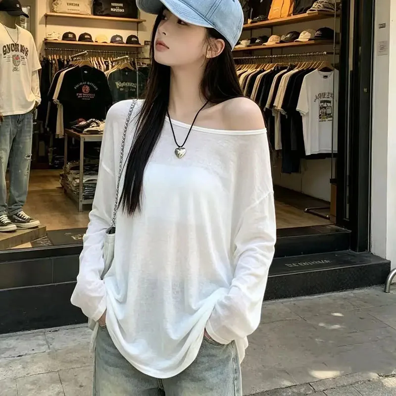 Fashion Streetwear Sheer Loose Tshirts Women Summer Solid Casual Sunscreen Basic Tee Tops Sexy Off Shoulder Long Sleeve T-shirt